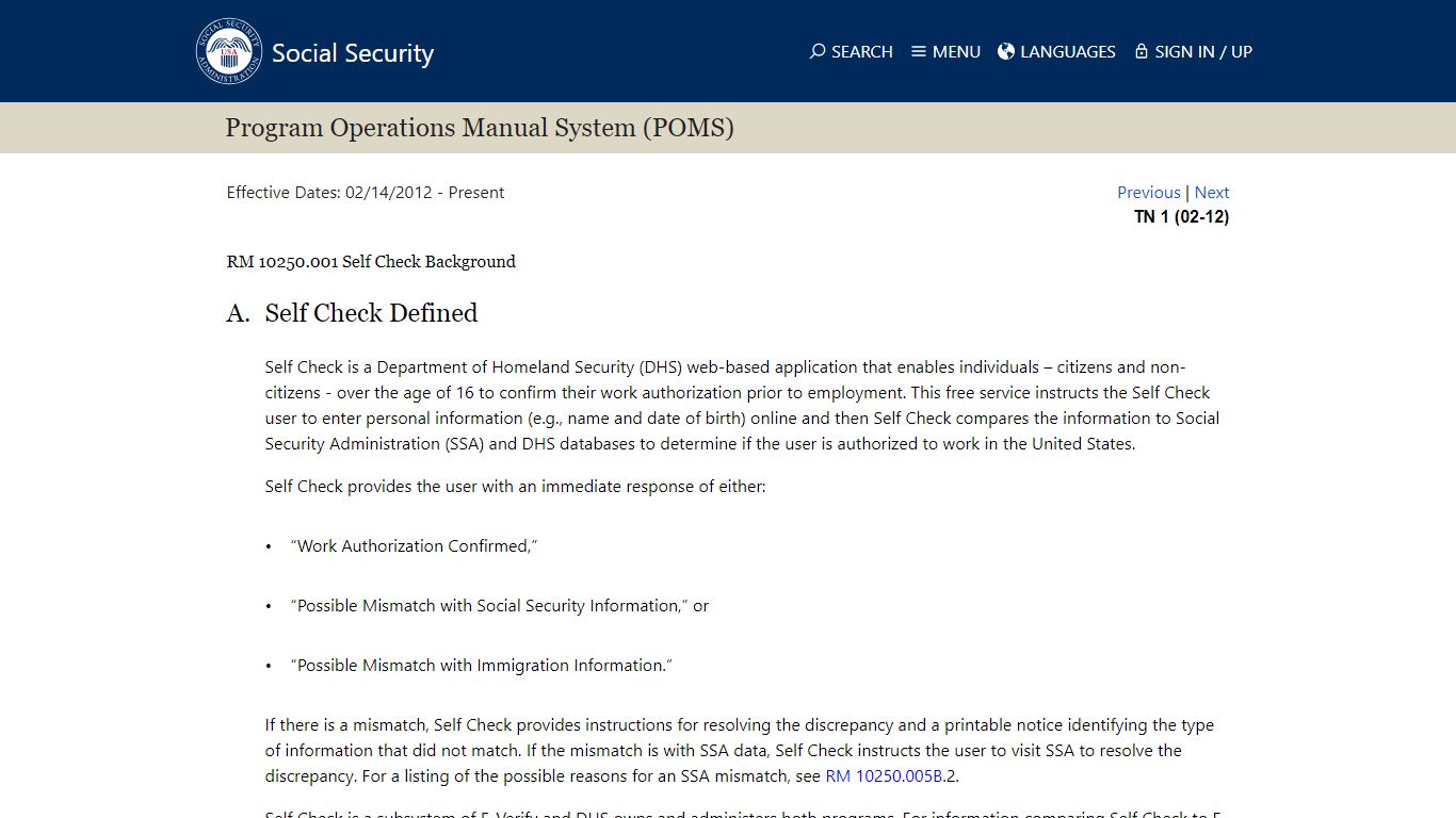 RM 10250.001 Self Check Background - Social Security Administration